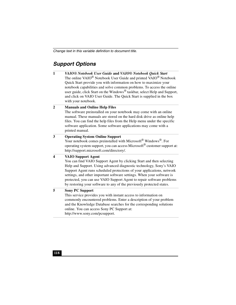 Support options | Sony PCG-FX410 User Manual | Page 118 / 132