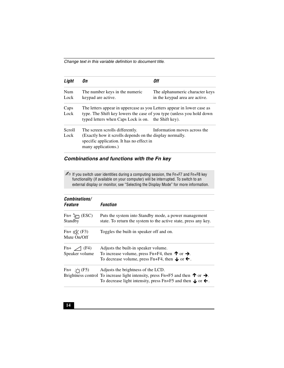 Combinations and functions with the fn key | Sony PCG-FX410 User Manual | Page 14 / 132