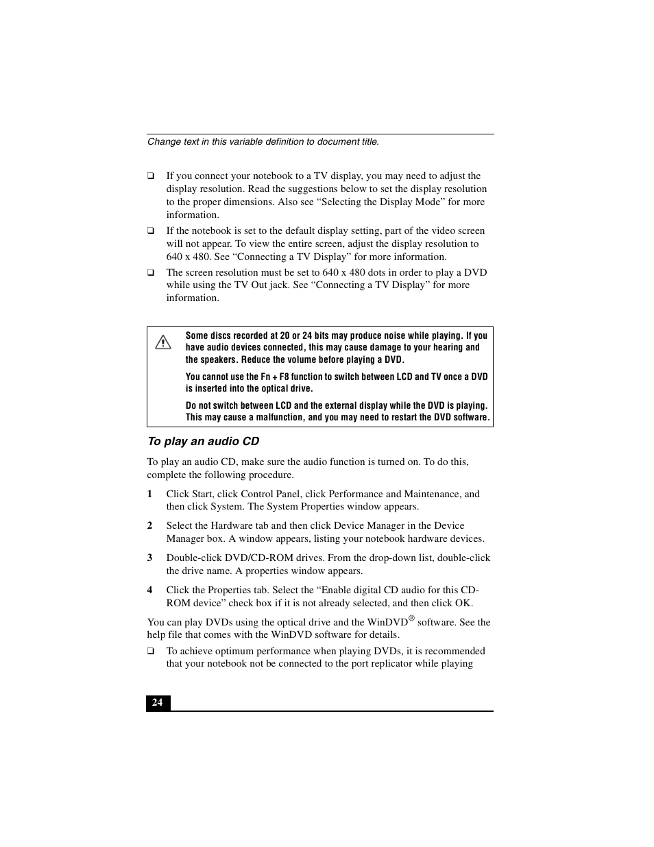 To play an audio cd | Sony PCG-FX410 User Manual | Page 24 / 132