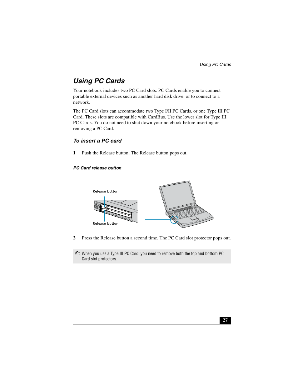 Using pc cards, To insert a pc card | Sony PCG-FX410 User Manual | Page 27 / 132