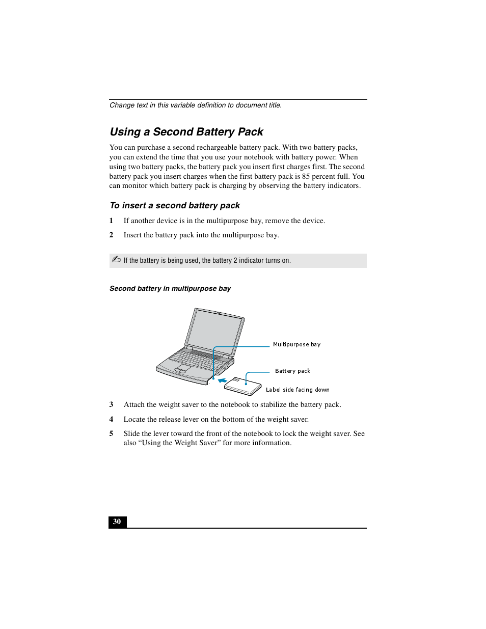 Using a second battery pack, To insert a second battery pack | Sony PCG-FX410 User Manual | Page 30 / 132
