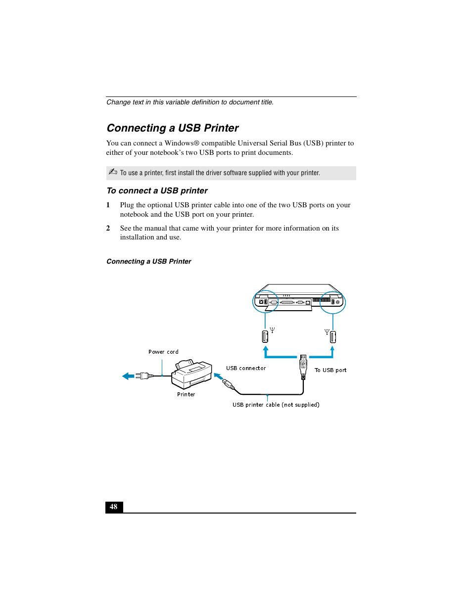 Connecting a usb printer, To connect a usb printer | Sony PCG-FX410 User Manual | Page 48 / 132