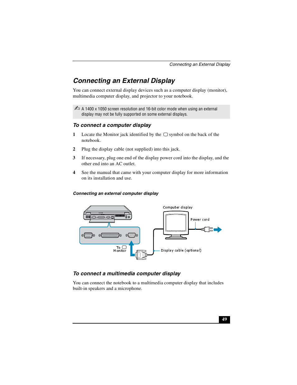 Connecting an external display, To connect a computer display, To connect a multimedia computer display | Sony PCG-FX410 User Manual | Page 49 / 132