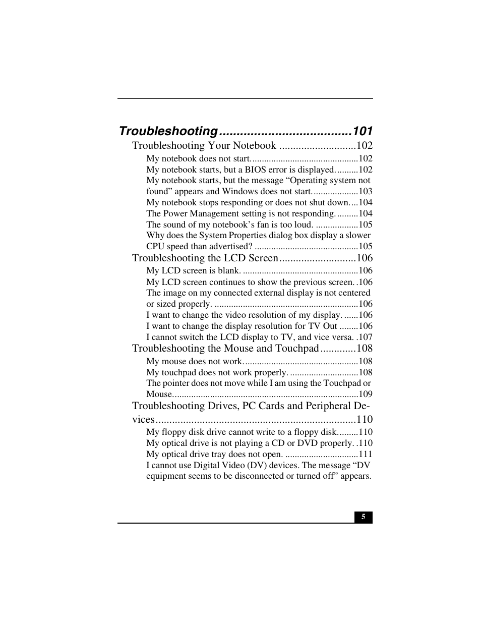 Troubleshooting | Sony PCG-FX410 User Manual | Page 5 / 132