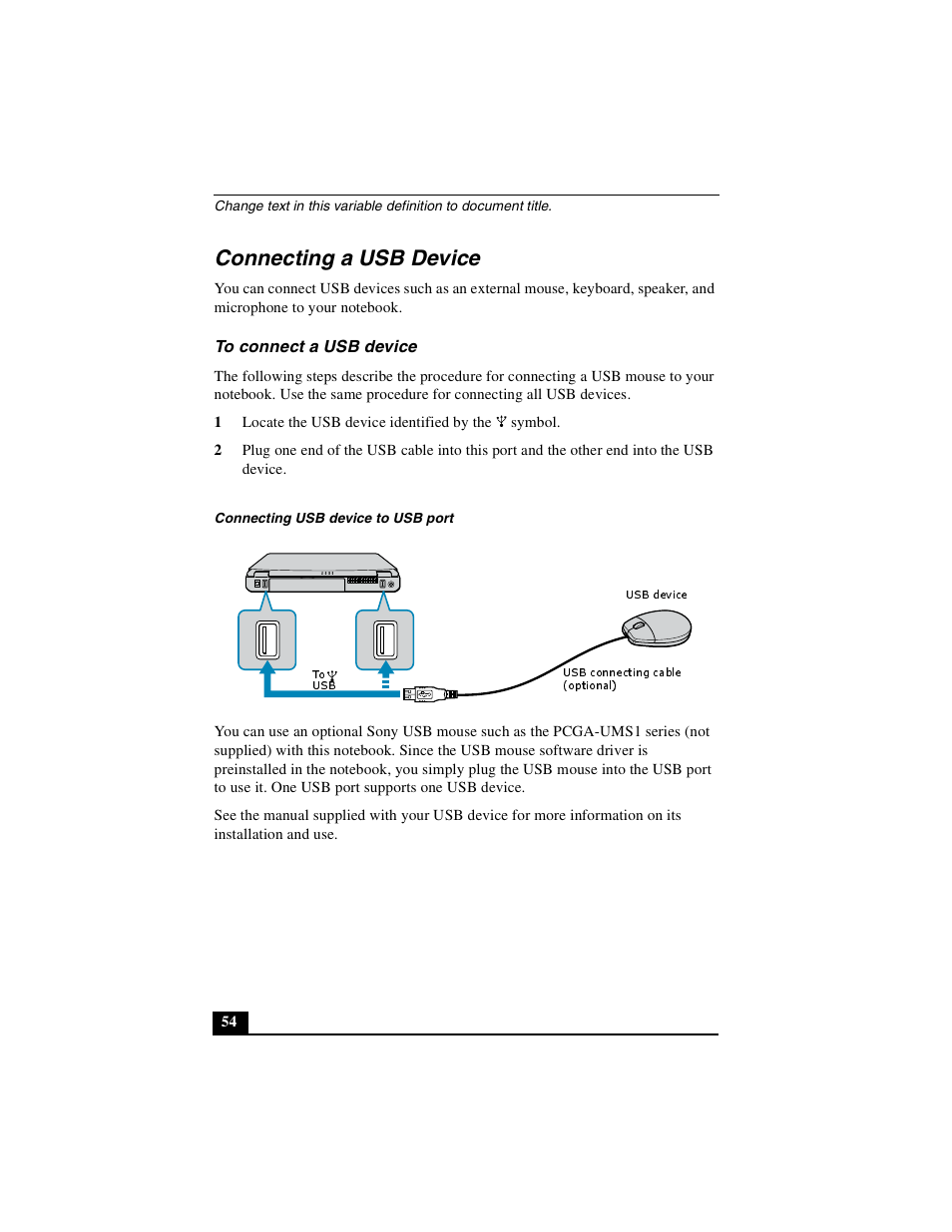 Connecting a usb device, To connect a usb device | Sony PCG-FX410 User Manual | Page 54 / 132