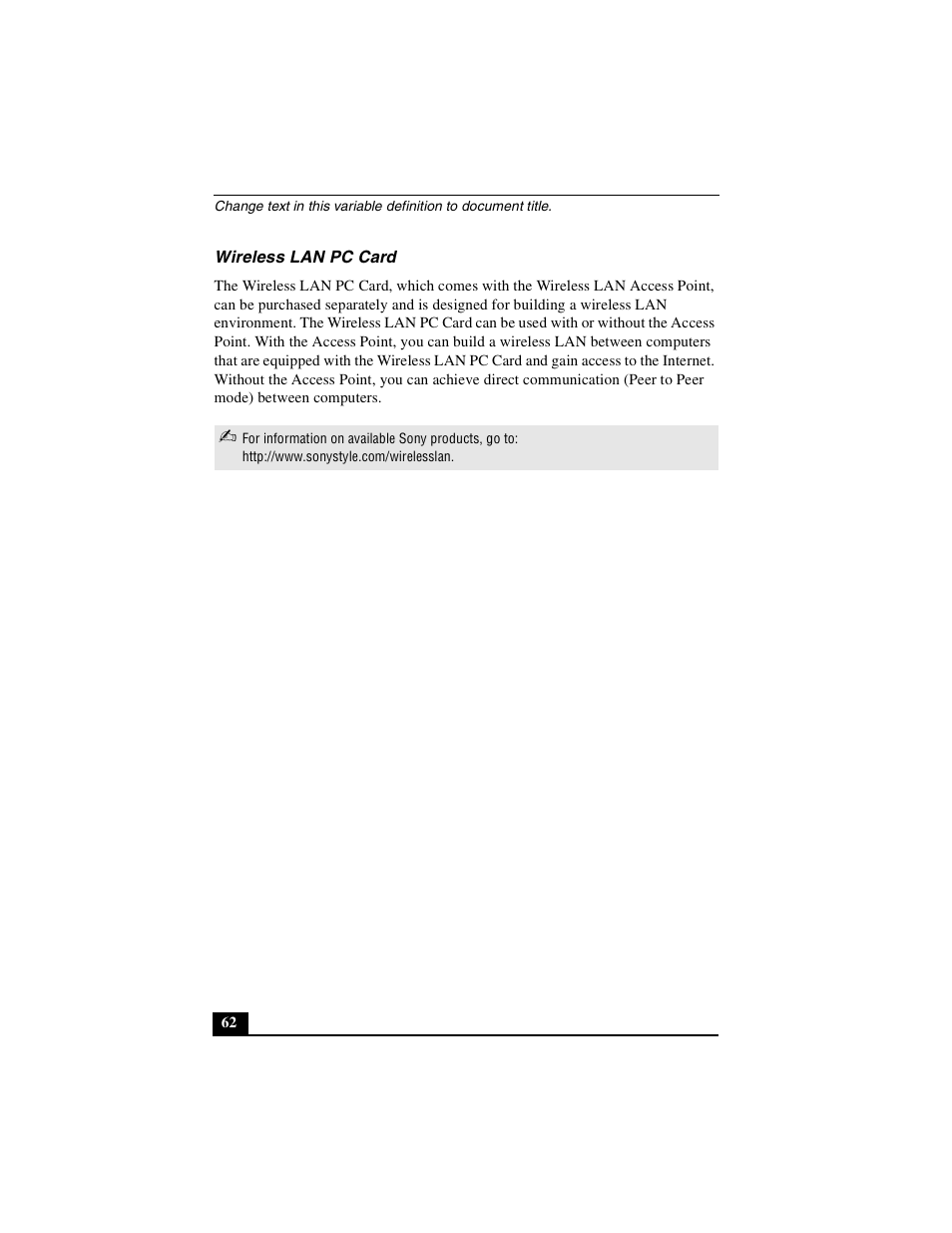 Wireless lan pc card | Sony PCG-FX410 User Manual | Page 62 / 132