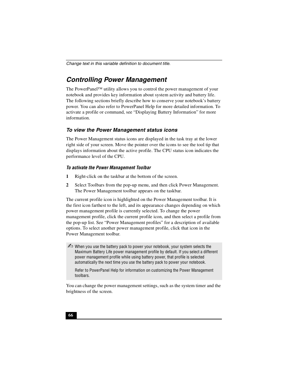 Controlling power management, To view the power management status icons | Sony PCG-FX410 User Manual | Page 66 / 132