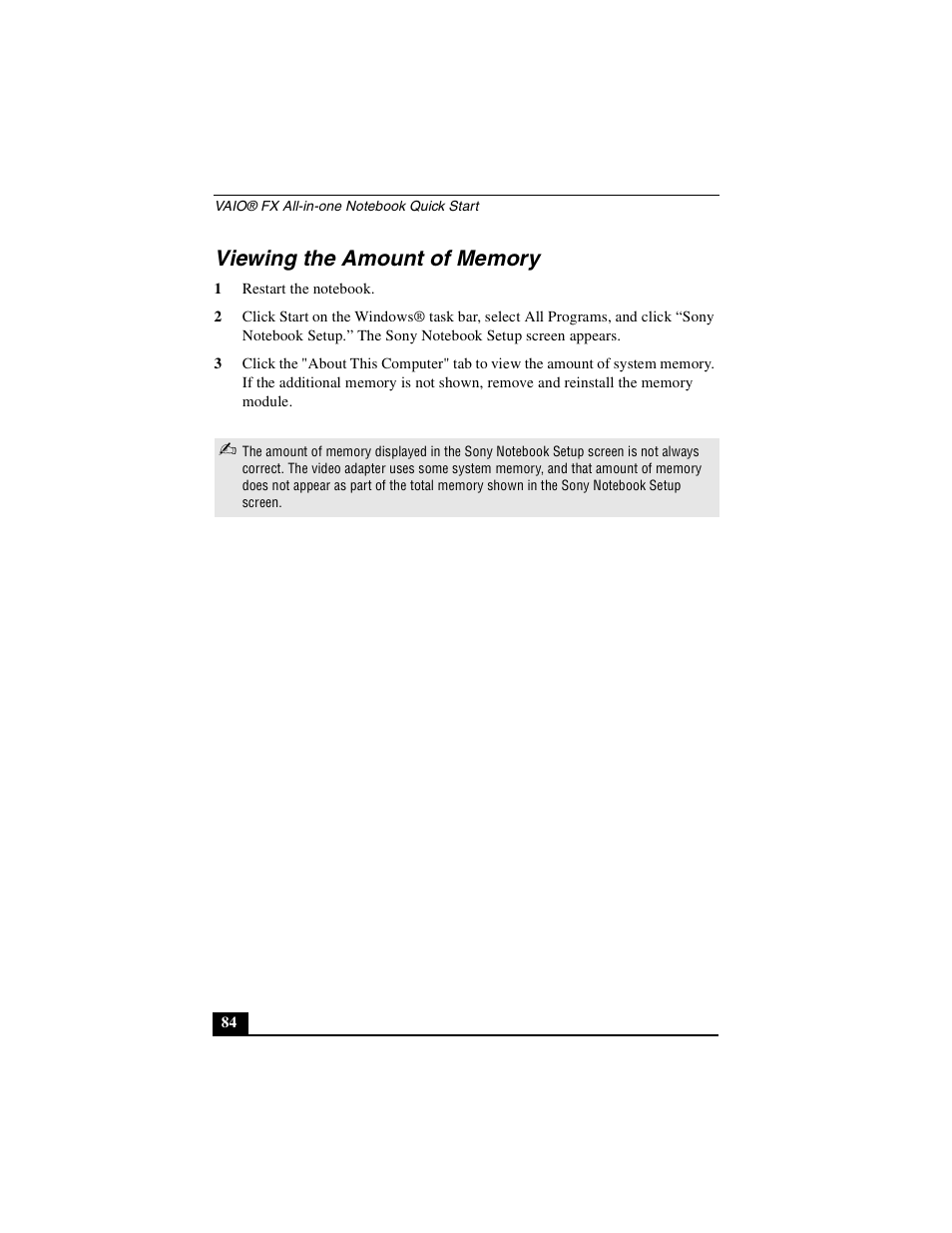 Viewing the amount of memory | Sony PCG-FX410 User Manual | Page 84 / 132