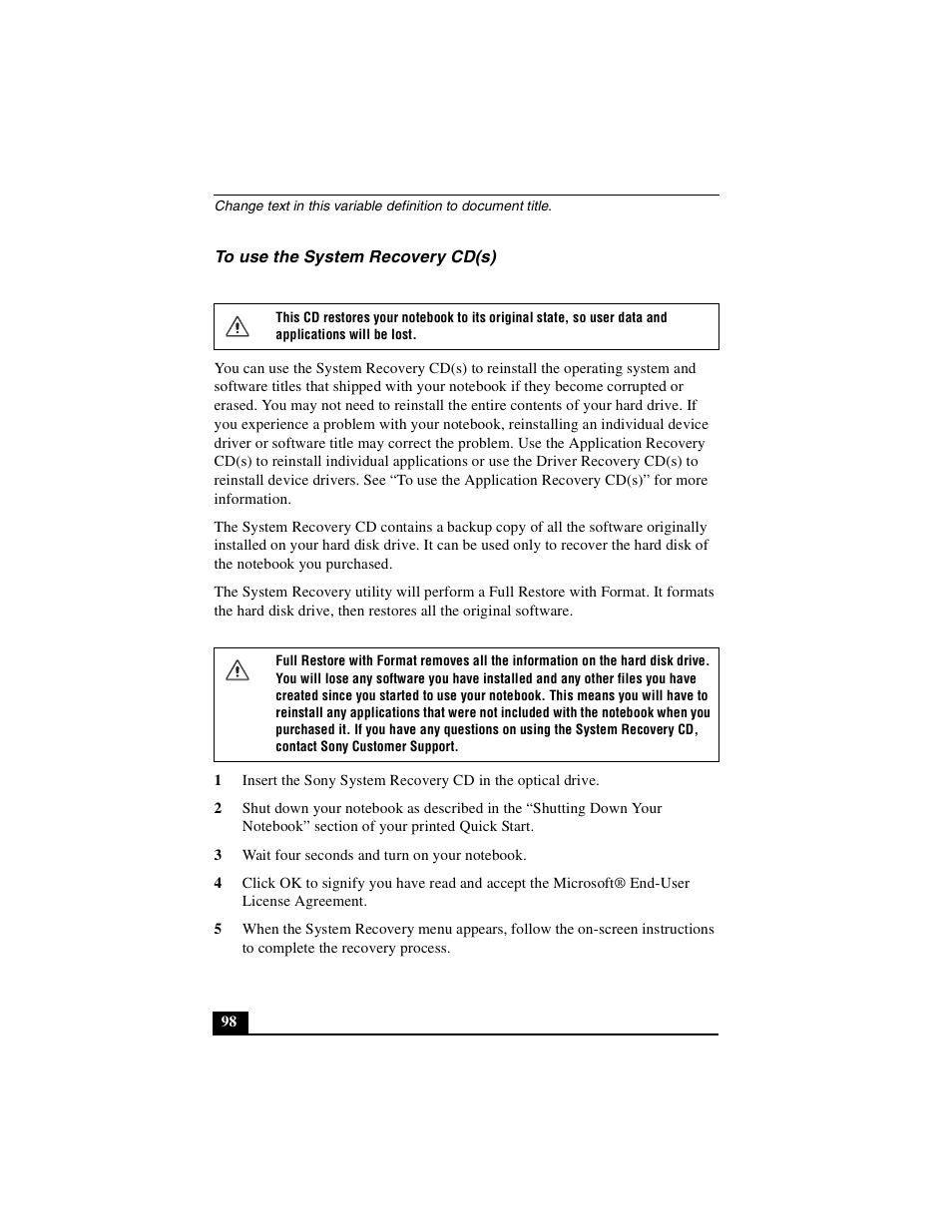 To use the system recovery cd(s) | Sony PCG-FX410 User Manual | Page 98 / 132