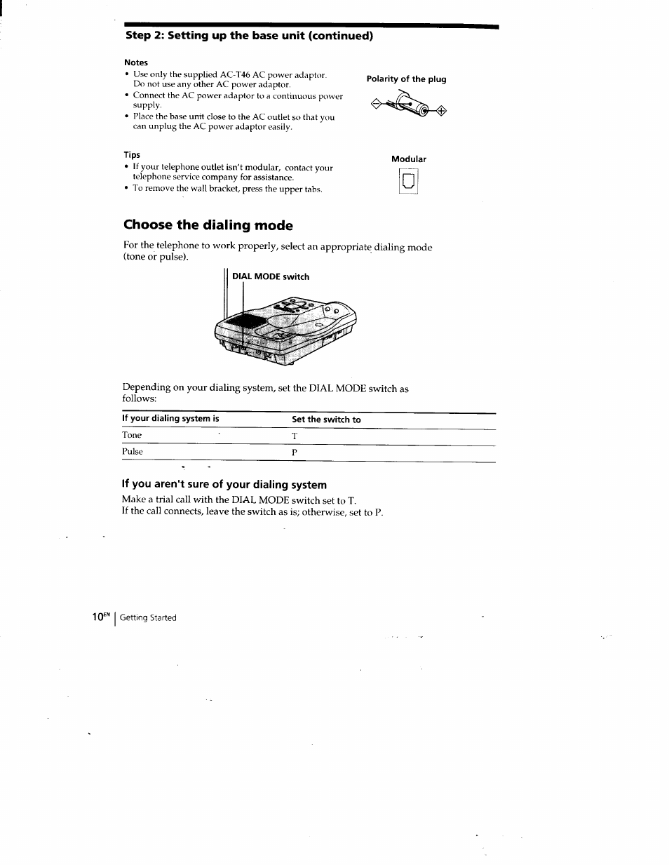 Choose the dialing mode, If you aren't sure of your dialing system | Sony SPP-A400 User Manual | Page 10 / 67