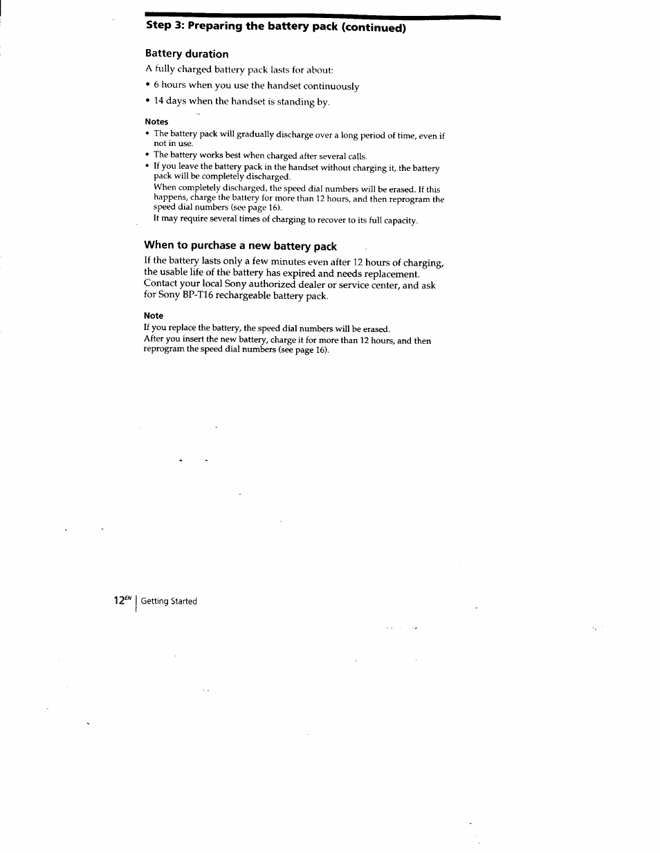 Battery duration, When to purchase a new battery pack | Sony SPP-A400 User Manual | Page 12 / 67