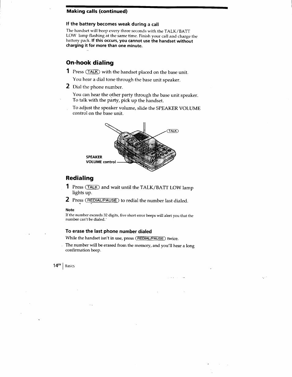 Making calls (continued), If the battery becomes weak during a call, On-hook dialing | Redialing, To erase the last phone number dialed | Sony SPP-A400 User Manual | Page 14 / 67