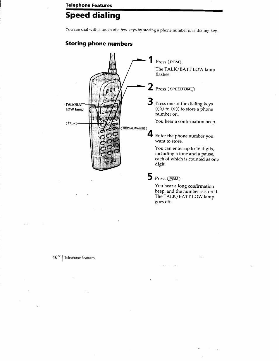 Storing phone numbers, Speed dialing | Sony SPP-A400 User Manual | Page 16 / 67