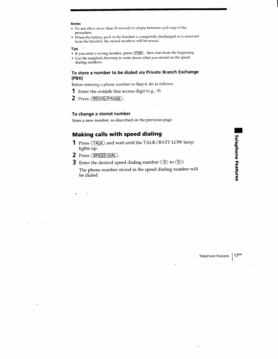 Pbx), To change a stored number, Making calls with speed dialing | Sony SPP-A400 User Manual | Page 17 / 67