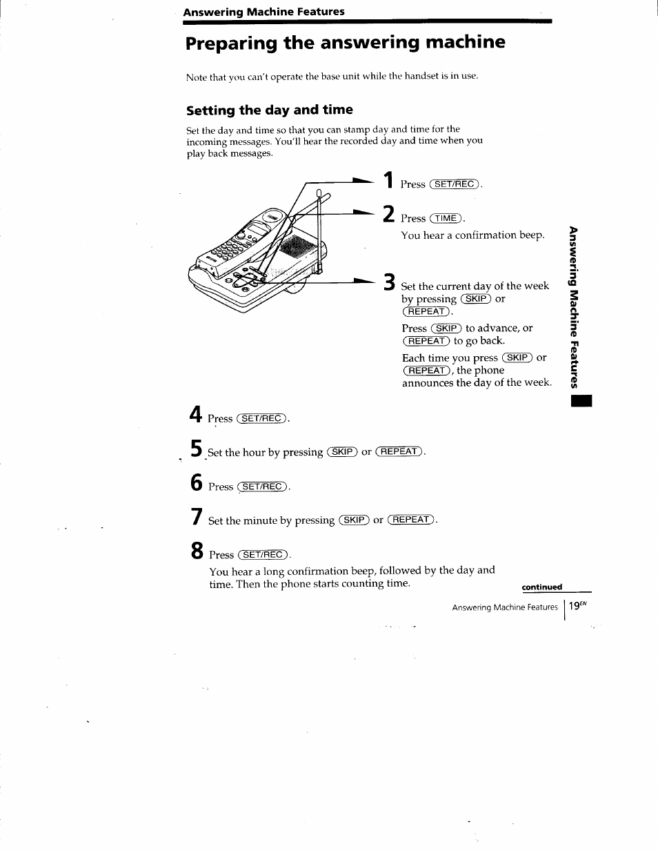 Setting the day and time, Preparing the answering machine | Sony SPP-A400 User Manual | Page 19 / 67