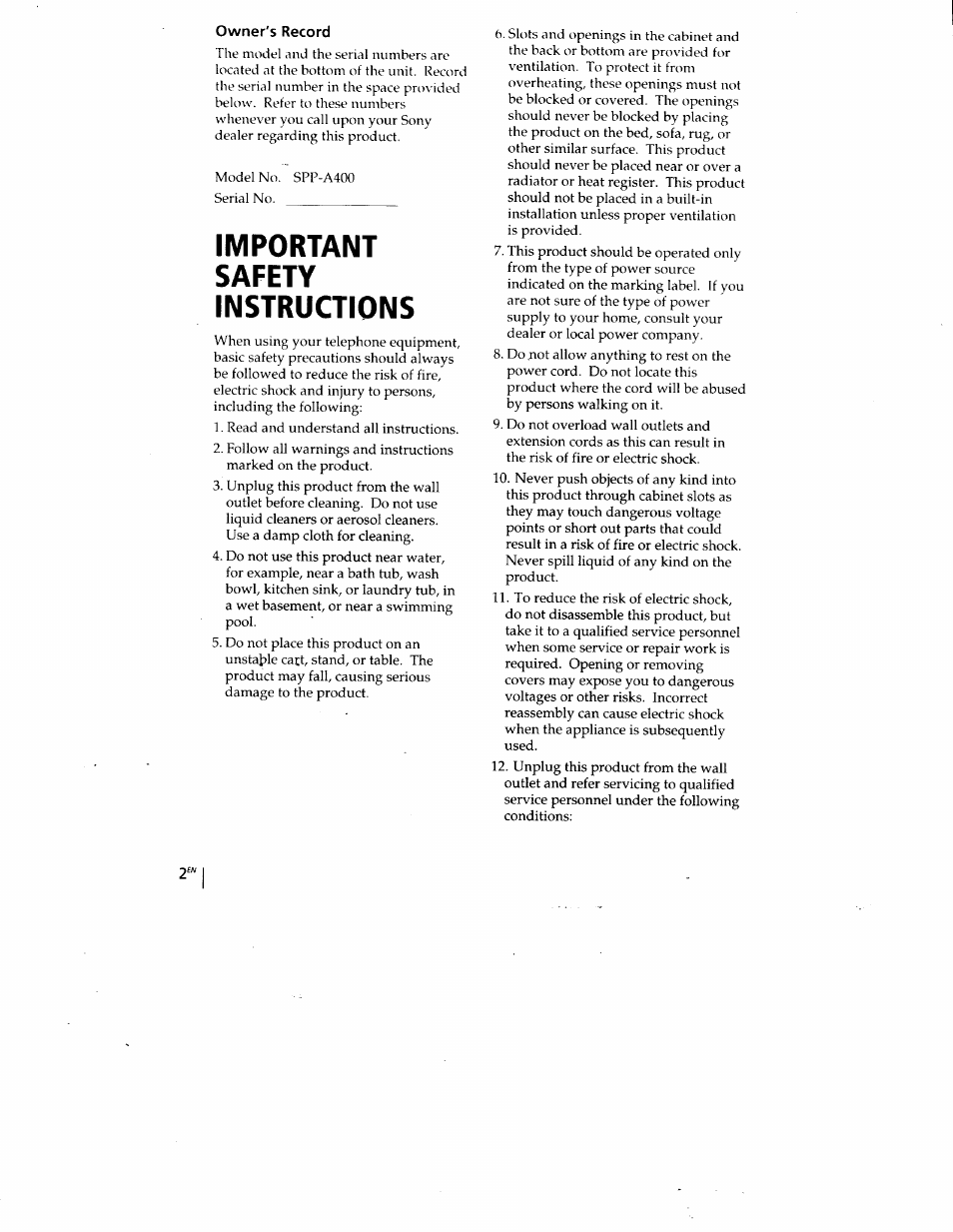 Owner's record, Important safety instructions | Sony SPP-A400 User Manual | Page 2 / 67