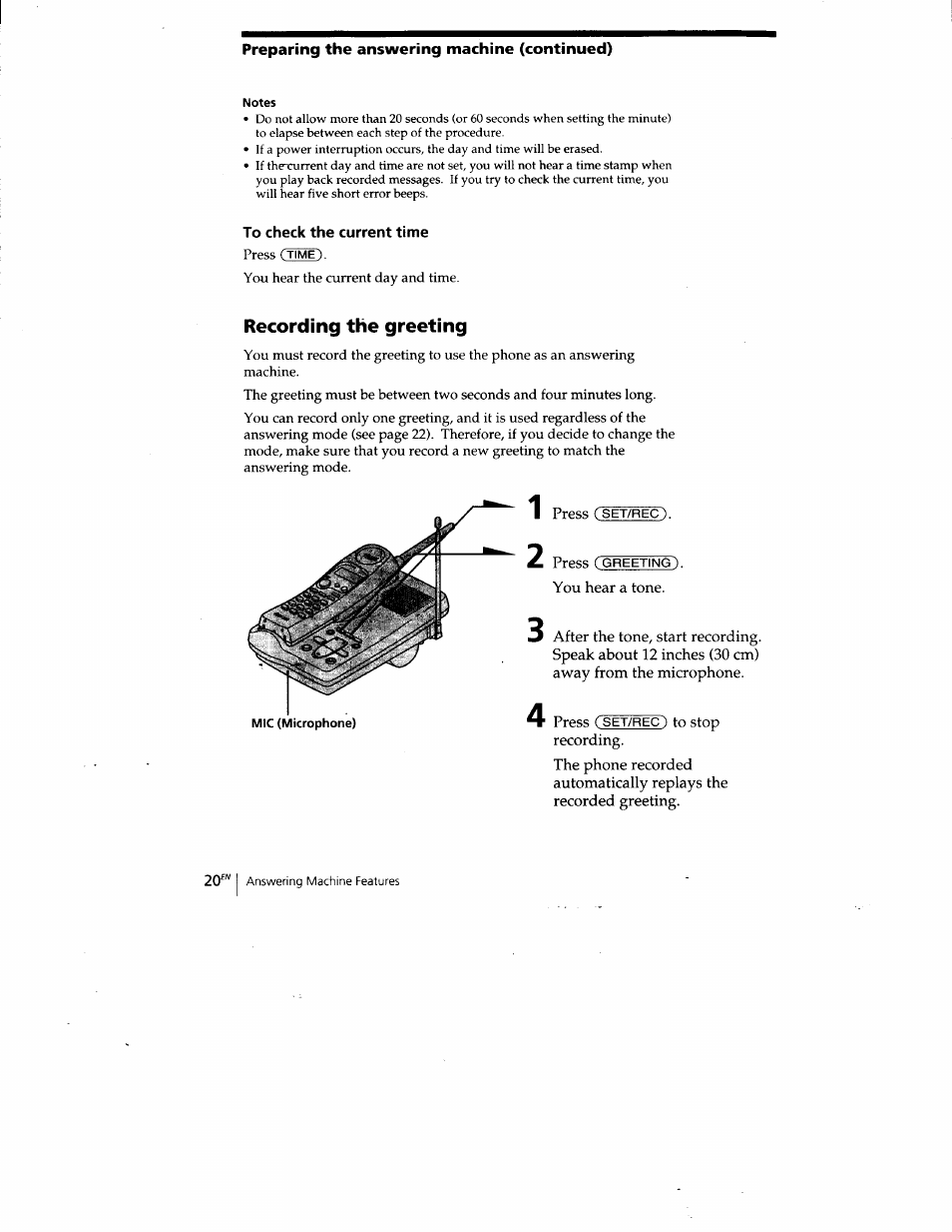 To check the current time, Recording the greeting | Sony SPP-A400 User Manual | Page 20 / 67