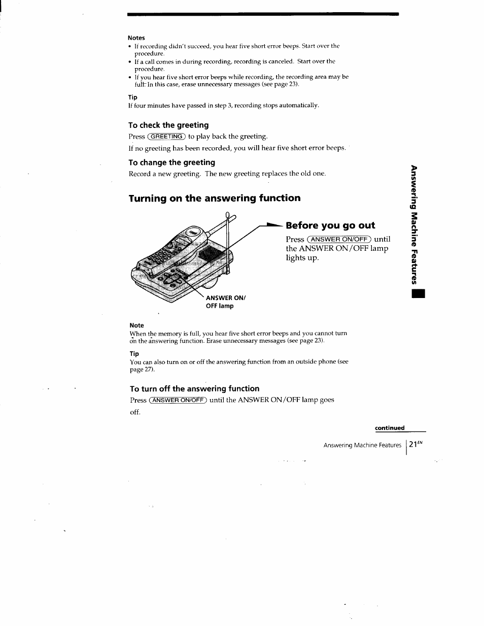 To check the greeting, To change the greeting, Turning on the answering function | Before you go out, To turn off the answering function | Sony SPP-A400 User Manual | Page 21 / 67