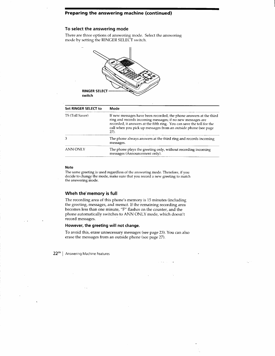 To select the answering mode, Wheh the'memory is full, However, the greeting will not change | Sony SPP-A400 User Manual | Page 22 / 67