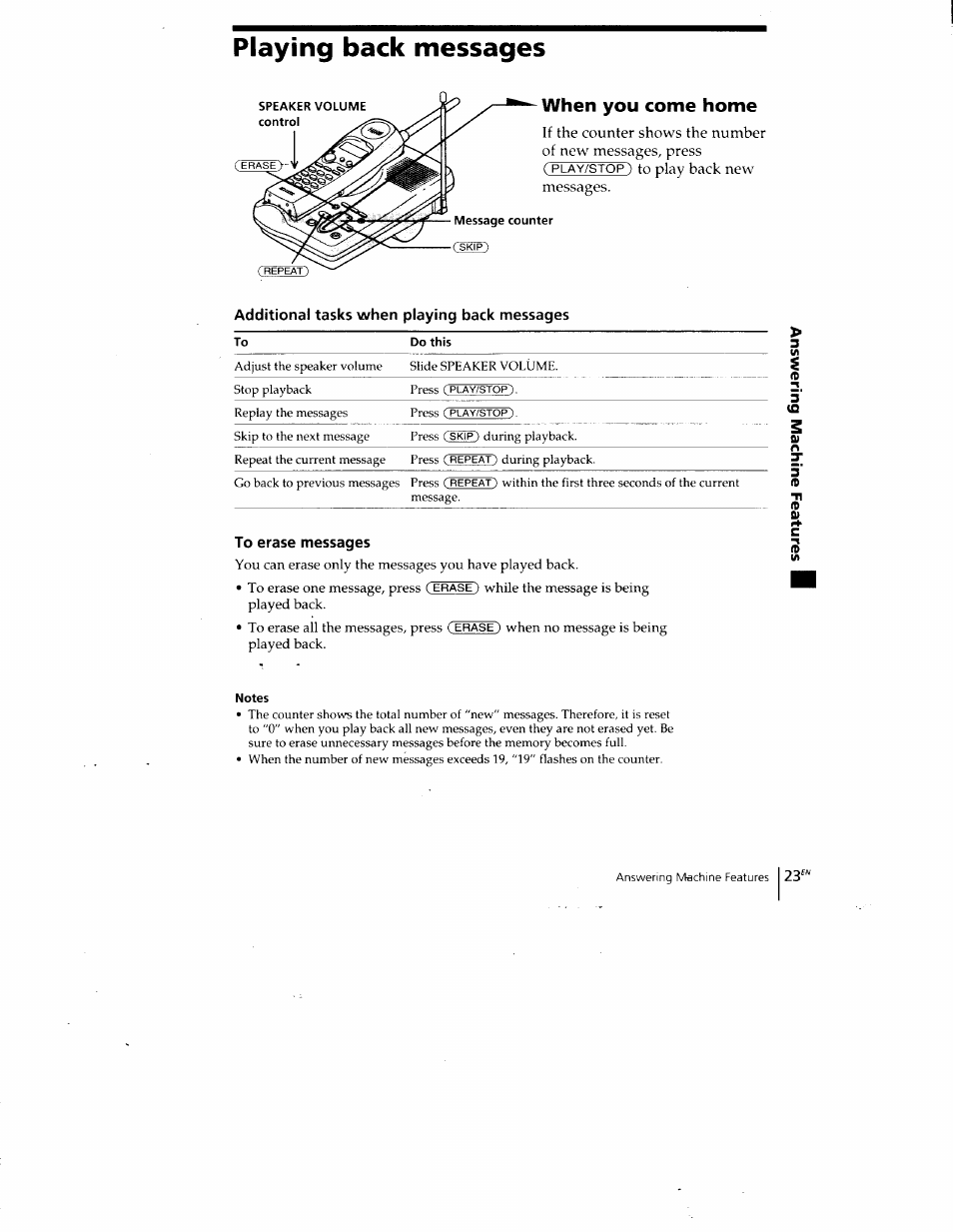 When you come home, Additional tasks when playing back messages, To erase messages | Playing back messages | Sony SPP-A400 User Manual | Page 23 / 67