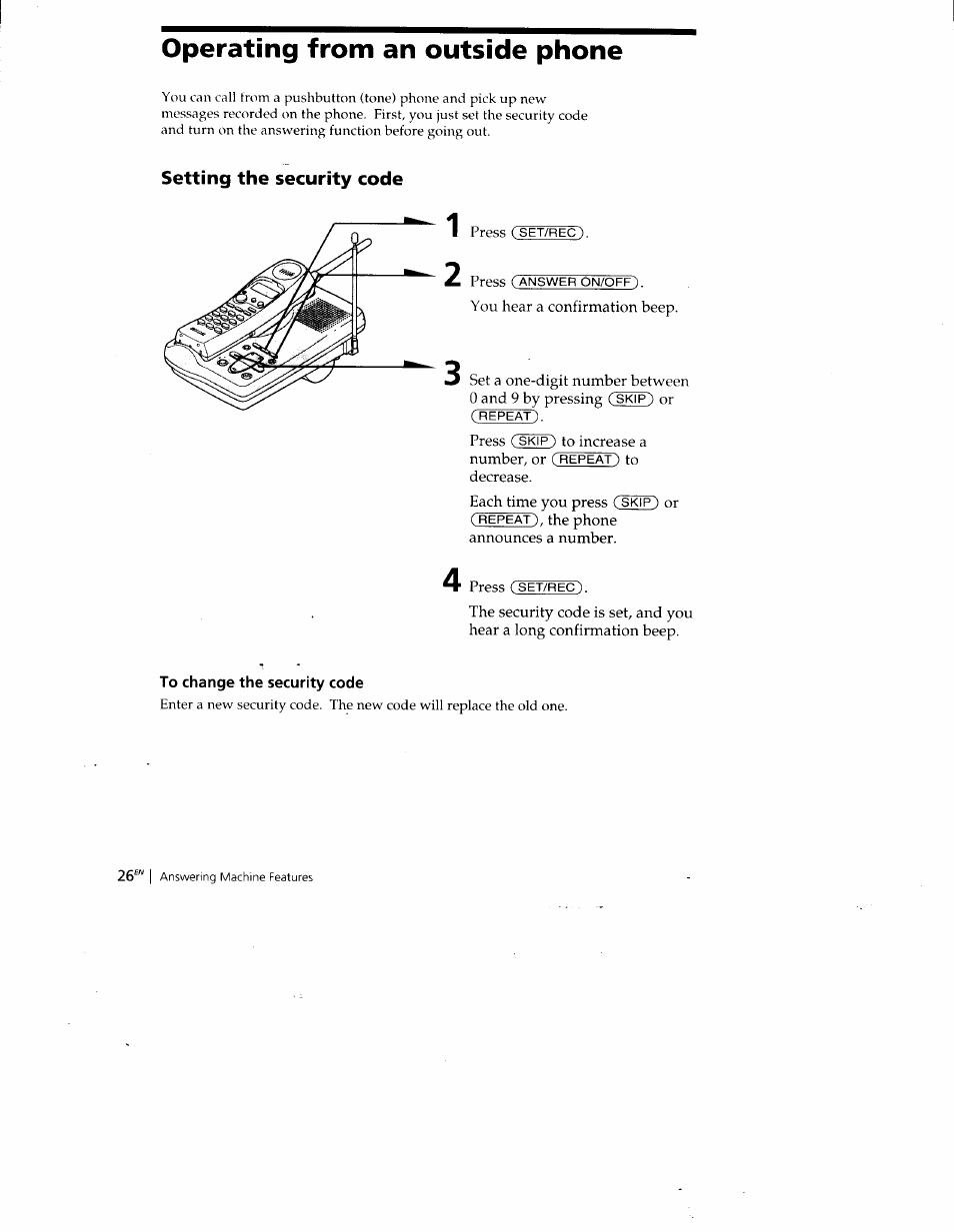 Setting the security code, To change the security code, Operating from an outside phone | Sony SPP-A400 User Manual | Page 26 / 67