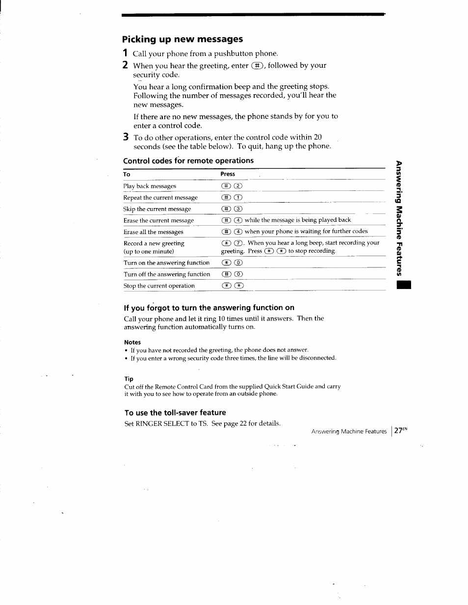 Picking up new messages, Control codes for remote operations, If you forgot to turn the answering function on | To use the toll-saver feature | Sony SPP-A400 User Manual | Page 27 / 67