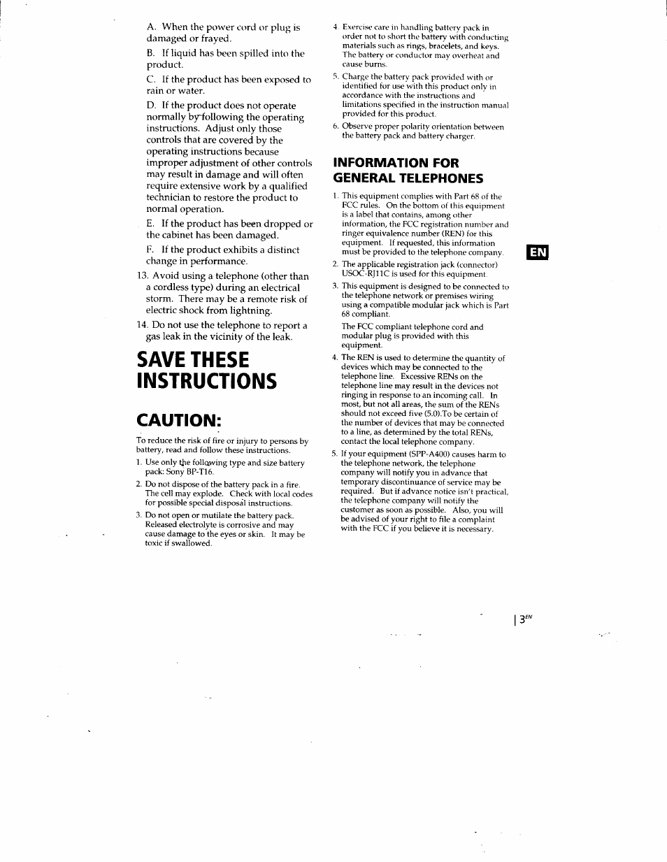 Information for general telephones, Save these instructions, Caution | Sony SPP-A400 User Manual | Page 3 / 67