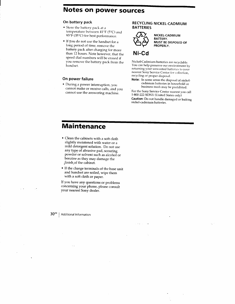 On battery pack, On power failure, Recycling nickel-cadmium batteries | Maintenance, Ni-cd | Sony SPP-A400 User Manual | Page 30 / 67