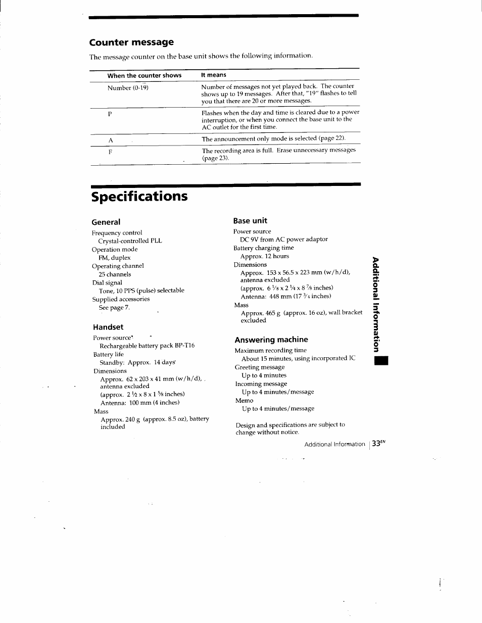 Counter message, General, Handset | Base unit, Specifications | Sony SPP-A400 User Manual | Page 33 / 67