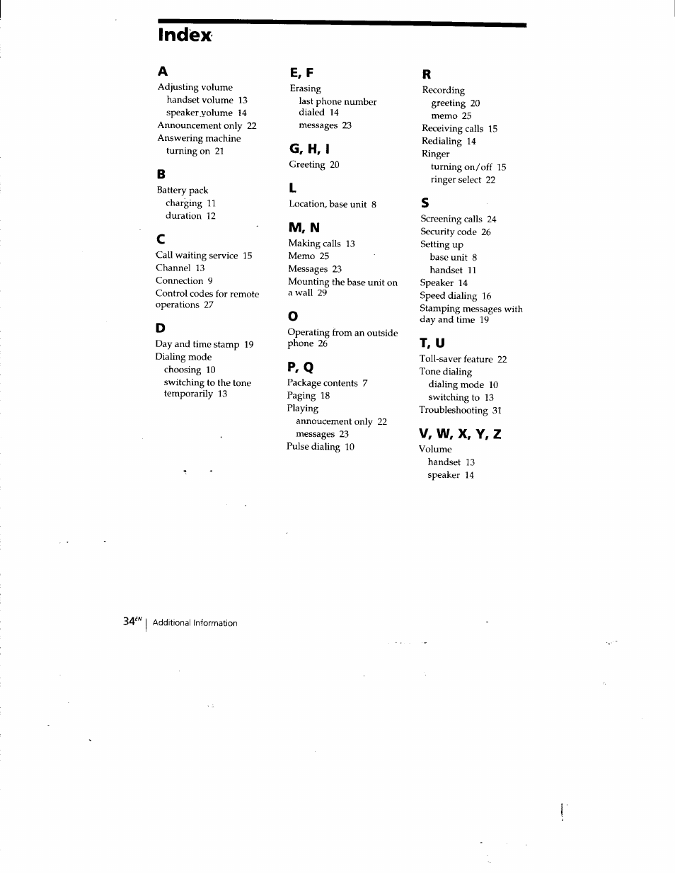 E. f, G, h, i, M, n | T, u, V, w. x. y. z, Indiex | Sony SPP-A400 User Manual | Page 34 / 67