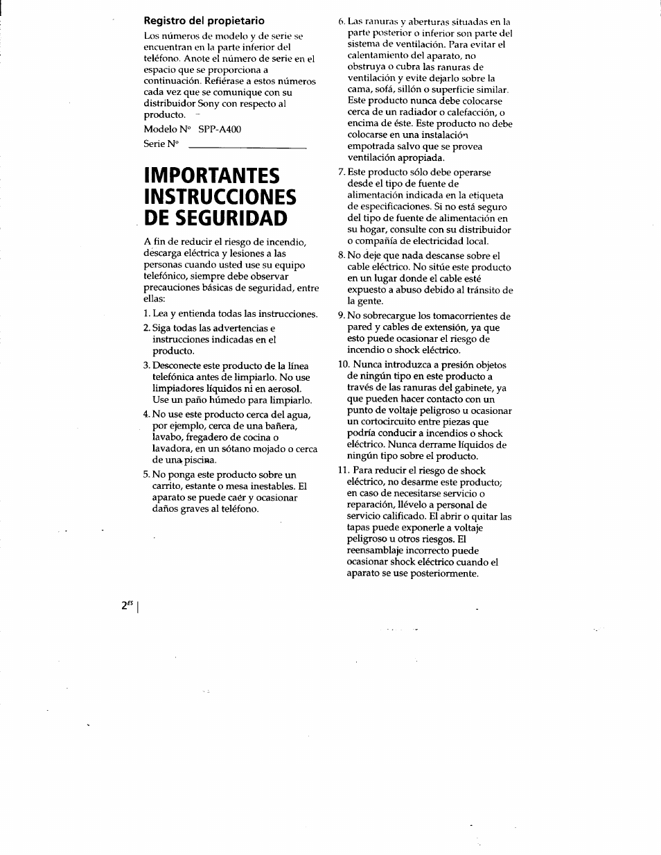 Registro del propietario, Importantes instrucciones de seguridad | Sony SPP-A400 User Manual | Page 35 / 67