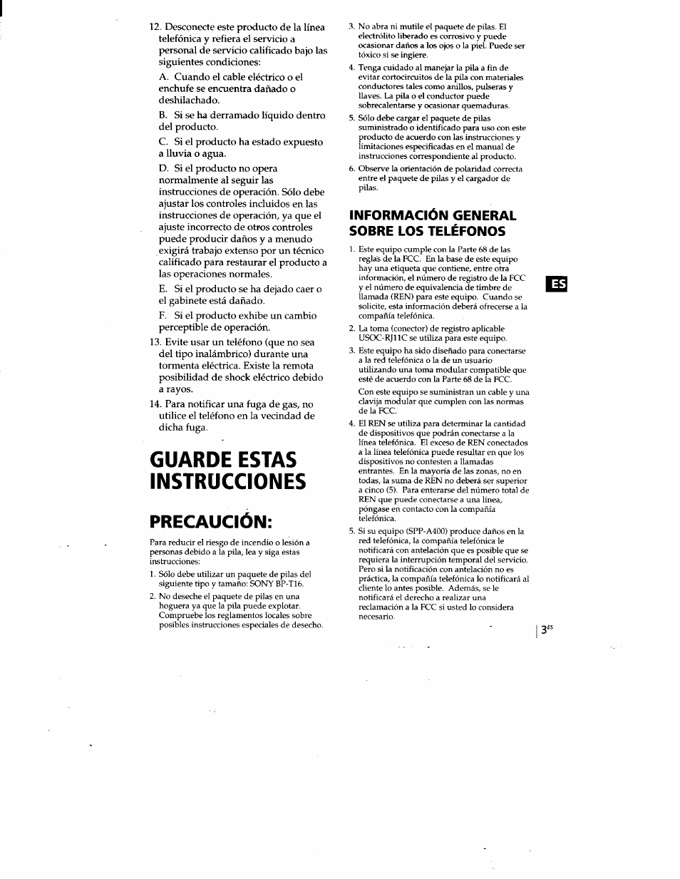 Información general sobre los teléfonos, Guarde estas instrucciones, Precaución | Sony SPP-A400 User Manual | Page 36 / 67