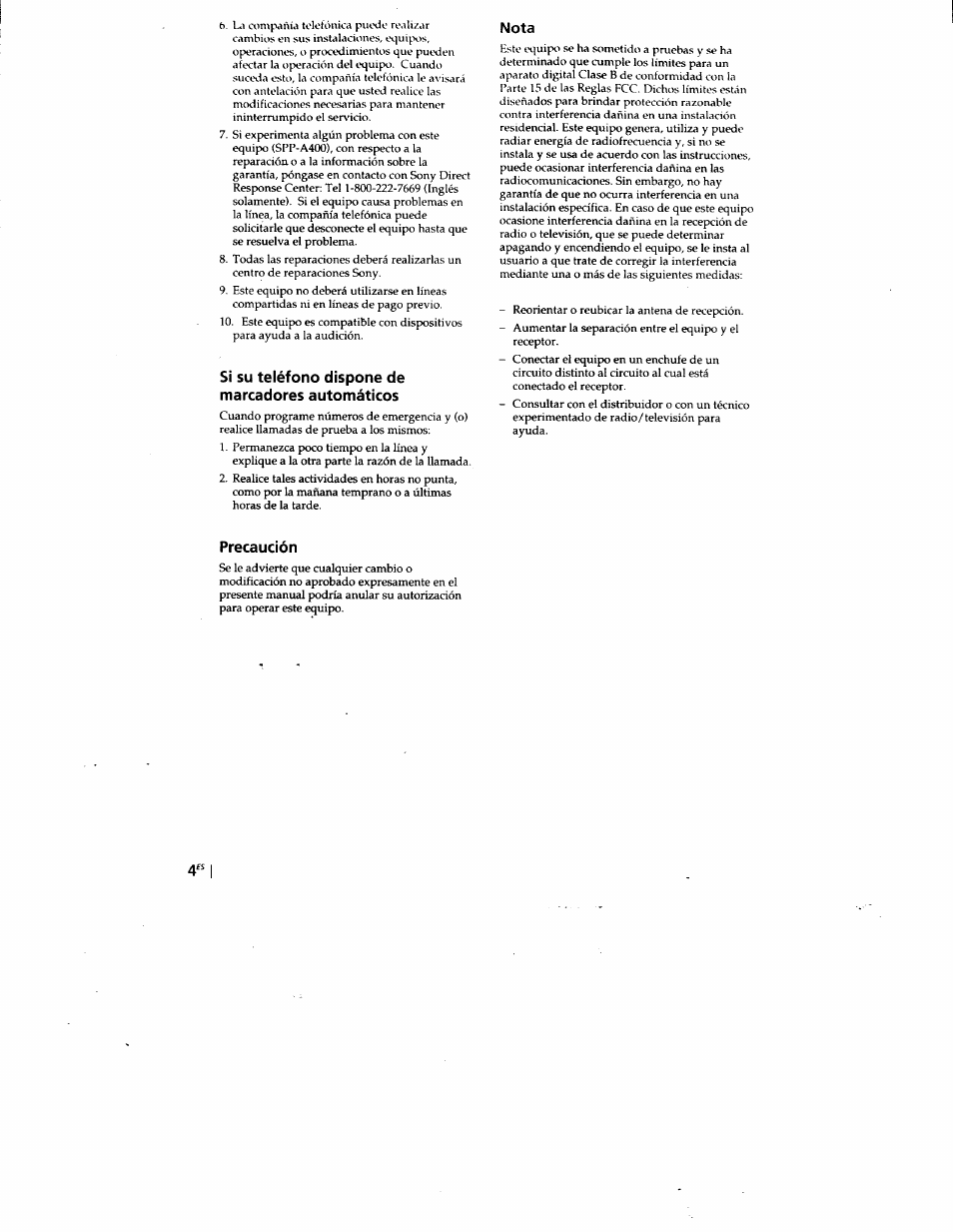 Si su teléfono dispone de marcadores automáticos, Nota, Precaución | Sony SPP-A400 User Manual | Page 37 / 67