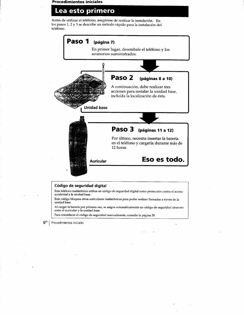 Procedimientos iniciales, Código de seguridad digital, Lea esto primero | Paso 1, Paso 2, Paso 3, Eso es todo | Sony SPP-A400 User Manual | Page 39 / 67