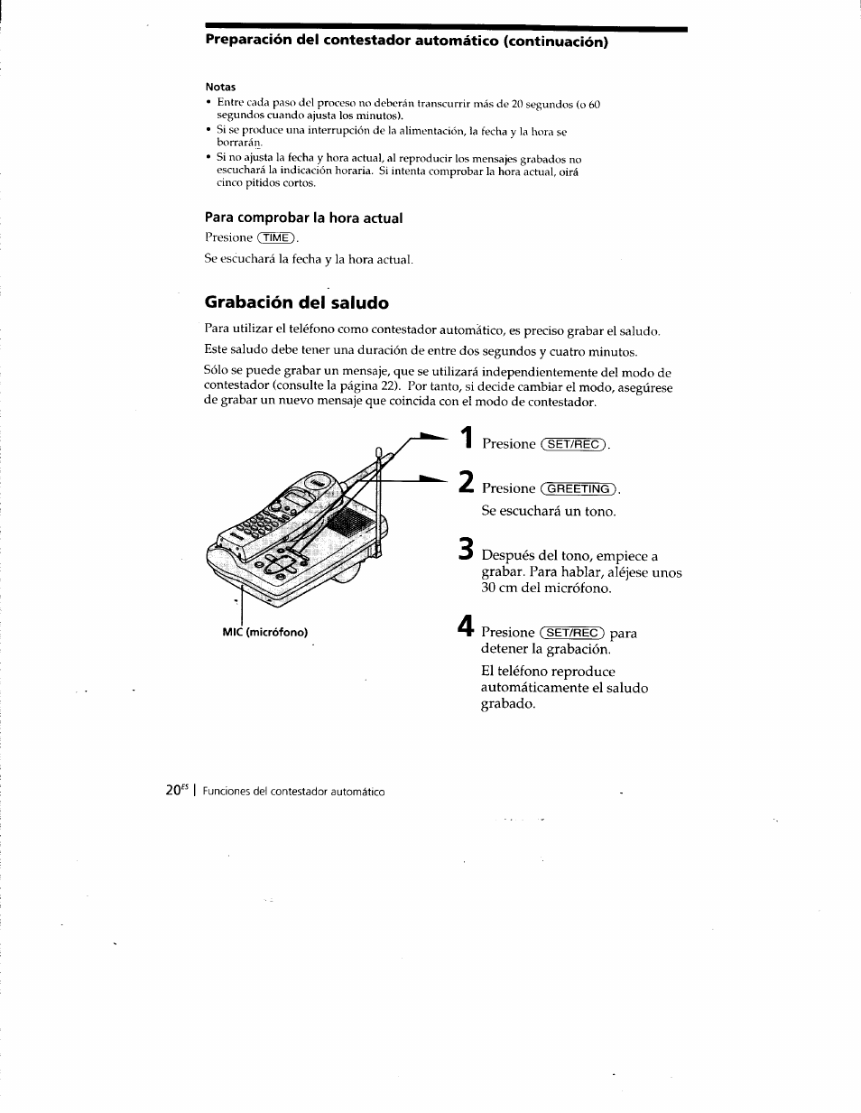 Para comprobar la hora actual, Grabación del saludo | Sony SPP-A400 User Manual | Page 53 / 67