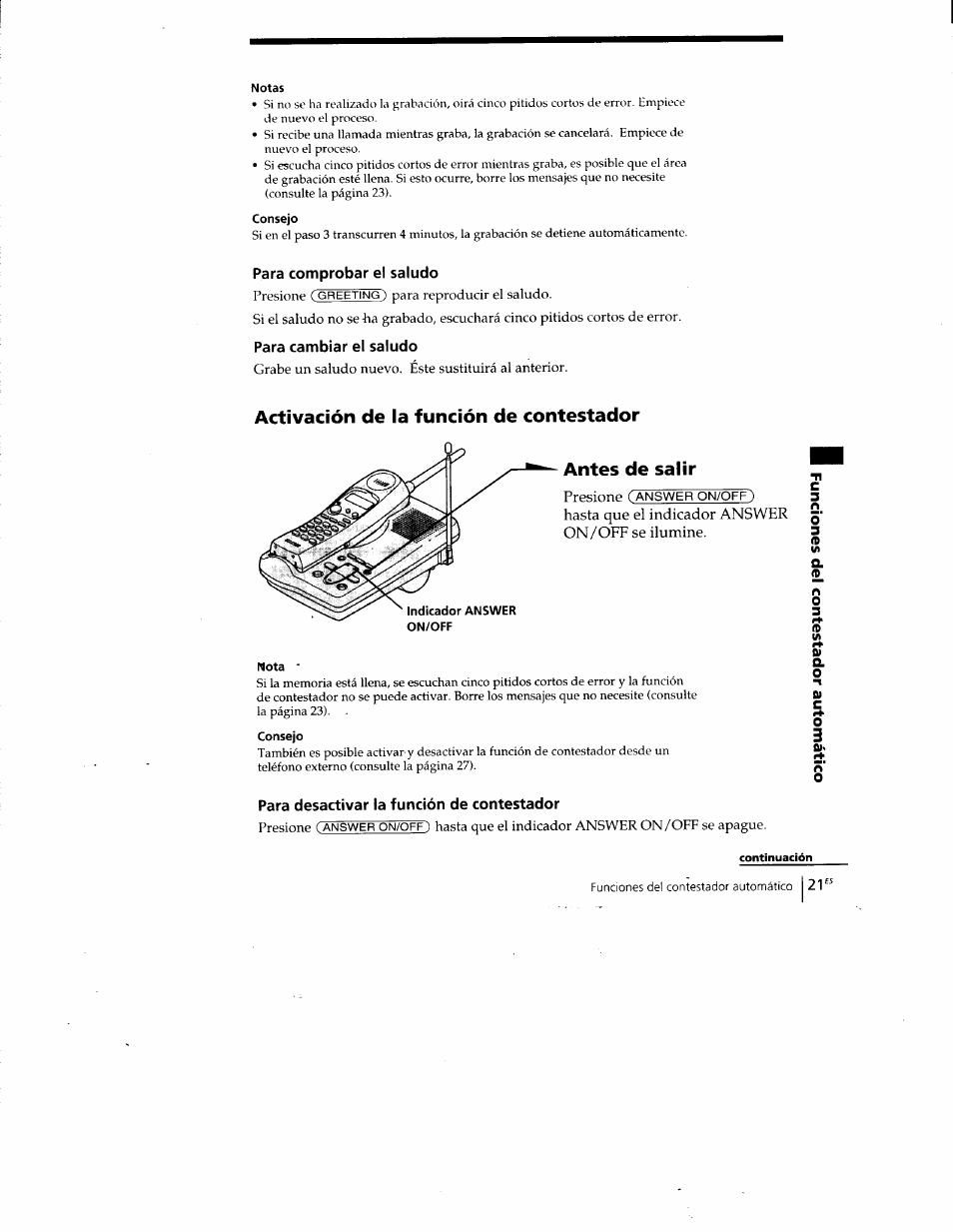 Para comprobar el saludo, Para cambiar el saludo, Activación de la función de contestador | Antes de salir, Para desactivar la función de contestador | Sony SPP-A400 User Manual | Page 54 / 67