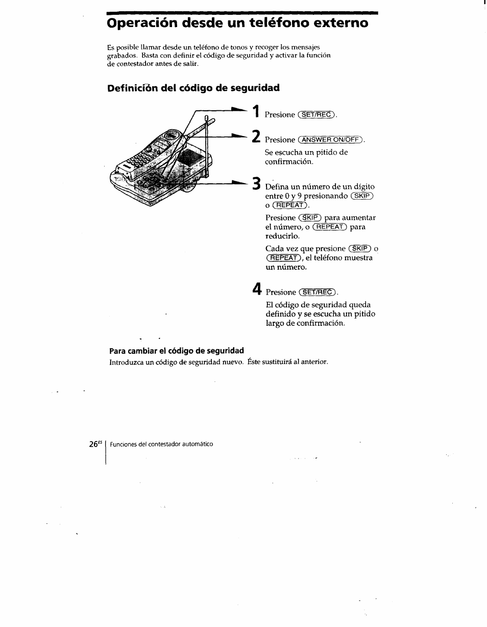 Definición del código de seguridad, Para cambiar el código de seguridad, Operación desde un teléfono externo | Sony SPP-A400 User Manual | Page 59 / 67