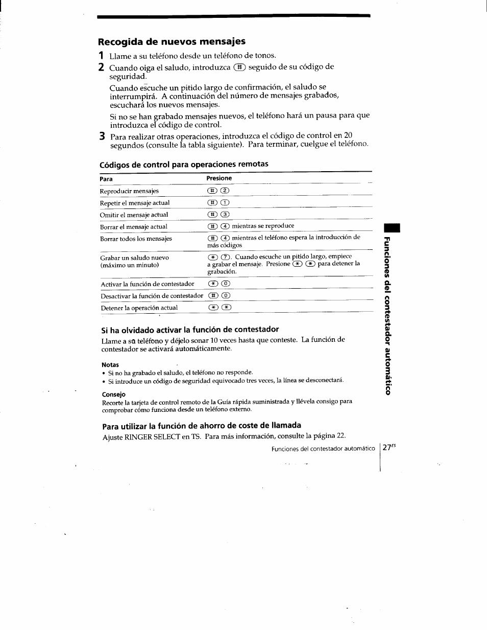 Recogida de nuevos mensajes, Códigos de control para operaciones remotas, Si ha olvidado activar la función de contestador | Sony SPP-A400 User Manual | Page 60 / 67