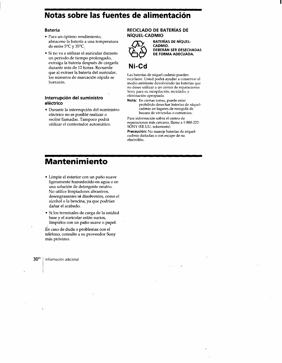 Batería, Interrupción del suministro eléctrico, Reciclado de baterias de | Notas sobre las fuentes de alimentación, Mantenimiento, Ni-cd | Sony SPP-A400 User Manual | Page 63 / 67
