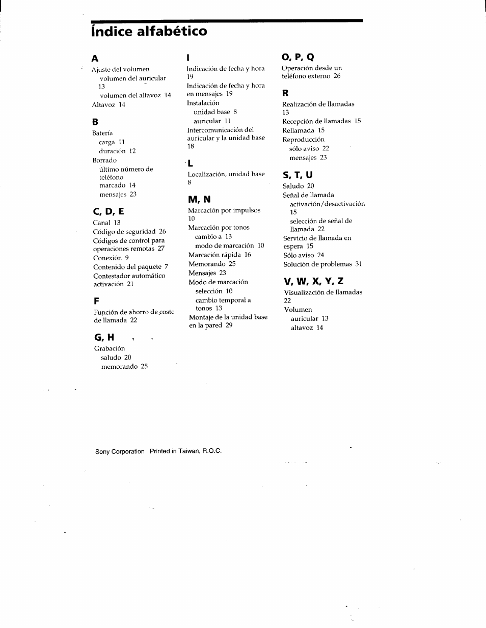 C d, e, G, h, M, n | O, p, q, S, t. u, V, w, x, y, z, Indice alfabético | Sony SPP-A400 User Manual | Page 67 / 67