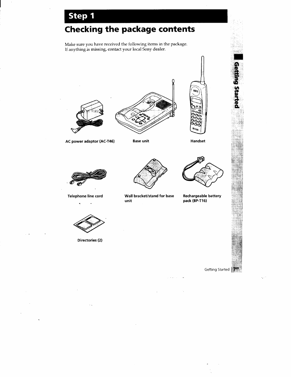 Checking the package contents, Step 1 | Sony SPP-A400 User Manual | Page 7 / 67