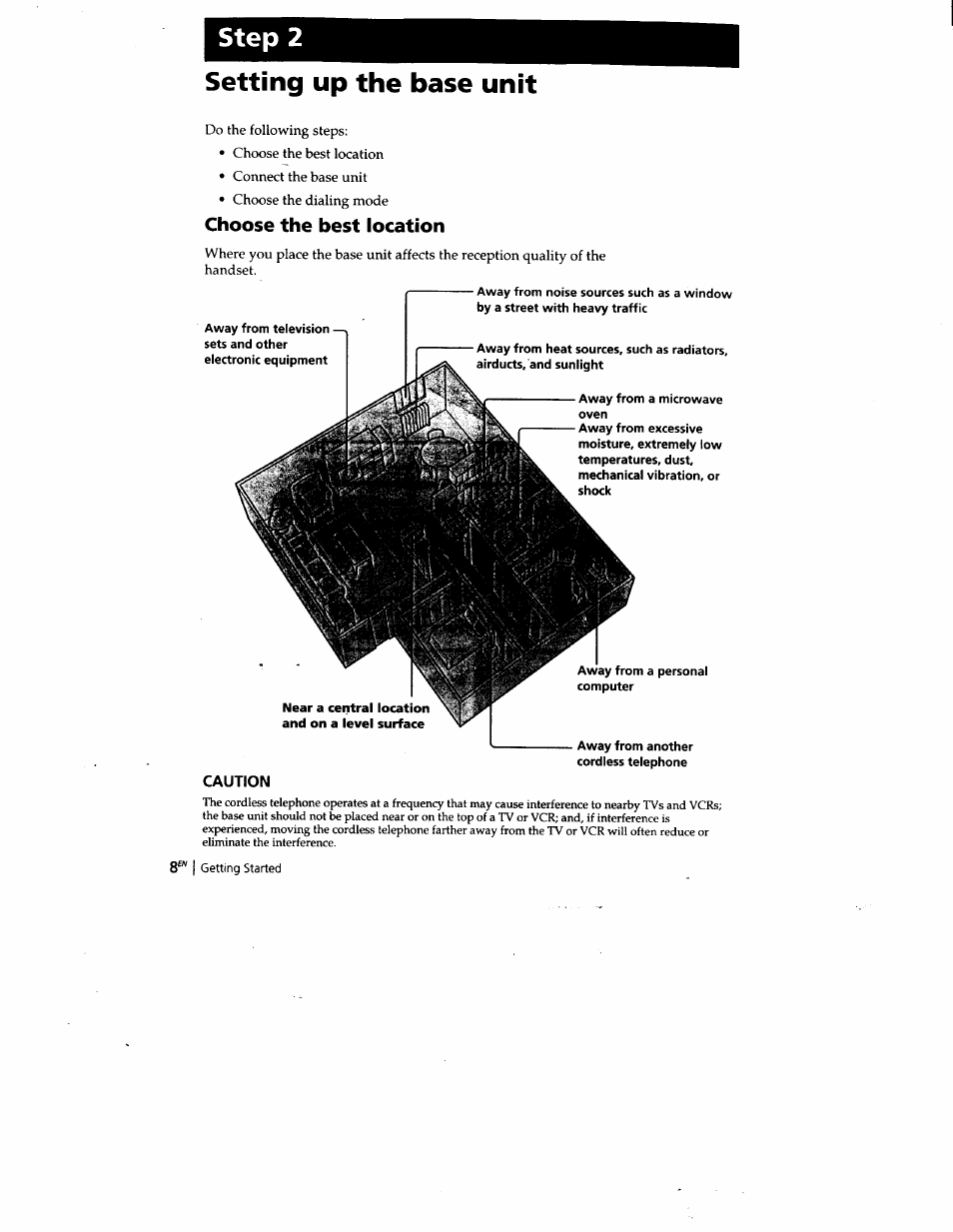 Setting up the base unit, Choose the best location, Caution | Step 2 | Sony SPP-A400 User Manual | Page 8 / 67