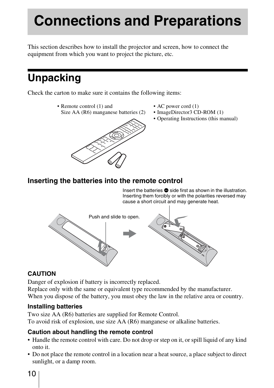 Connections and preparations, Unpacking | Sony VPL-VW85 User Manual | Page 10 / 86