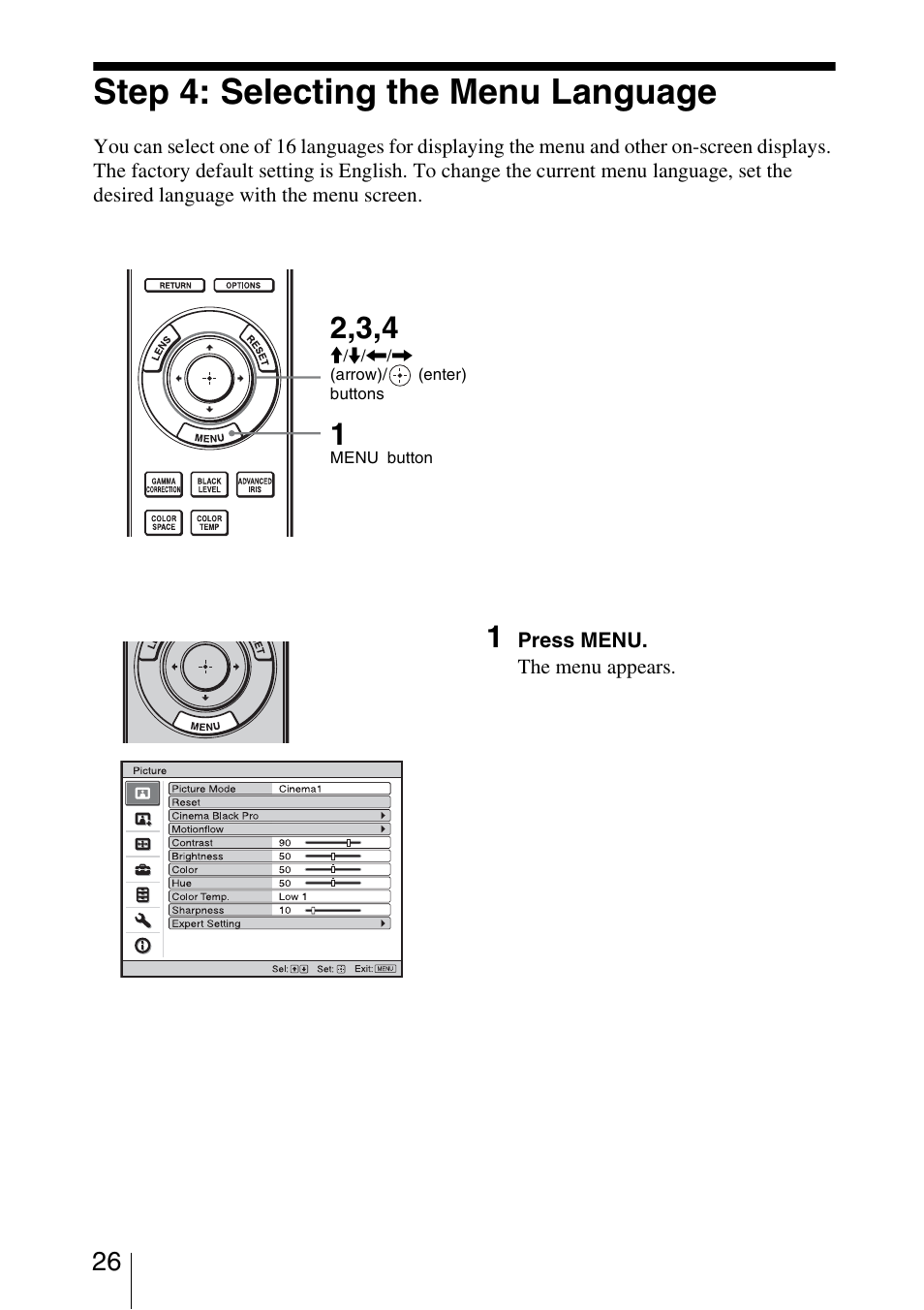 Step 4: selecting the menu language | Sony VPL-VW85 User Manual | Page 26 / 86