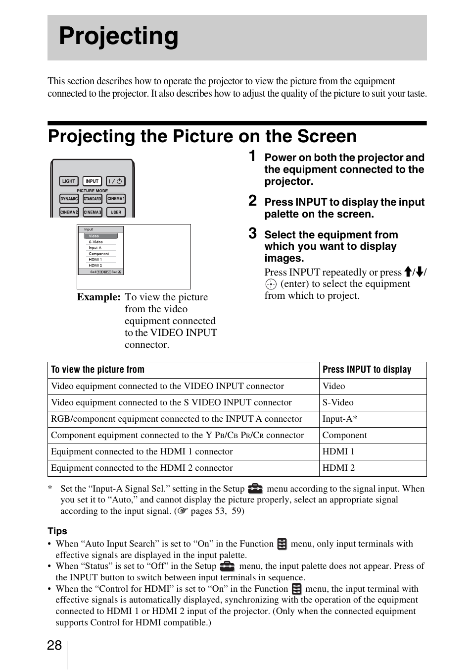 Projecting, Projecting the picture on the screen | Sony VPL-VW85 User Manual | Page 28 / 86