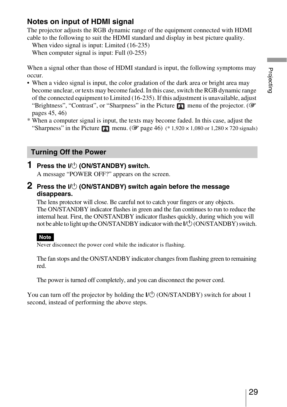 Turning off the power | Sony VPL-VW85 User Manual | Page 29 / 86
