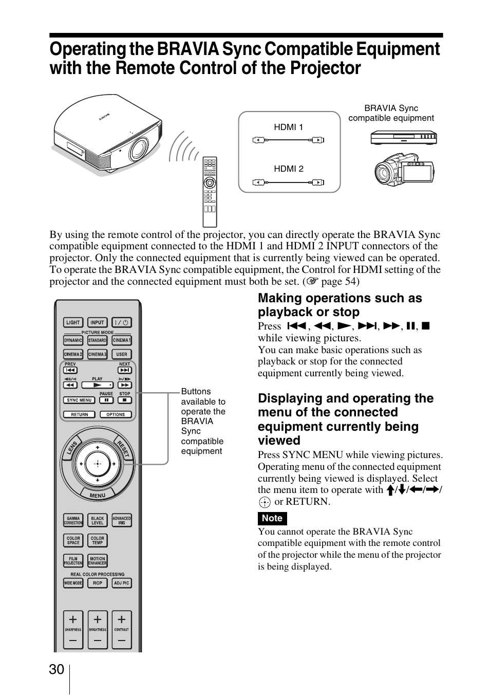 Making operations such as playback or stop | Sony VPL-VW85 User Manual | Page 30 / 86