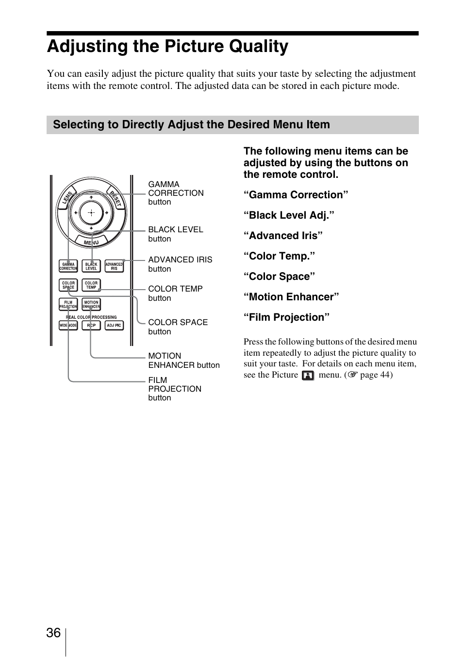 Adjusting the picture quality, Selecting to directly adjust the desired menu item | Sony VPL-VW85 User Manual | Page 36 / 86