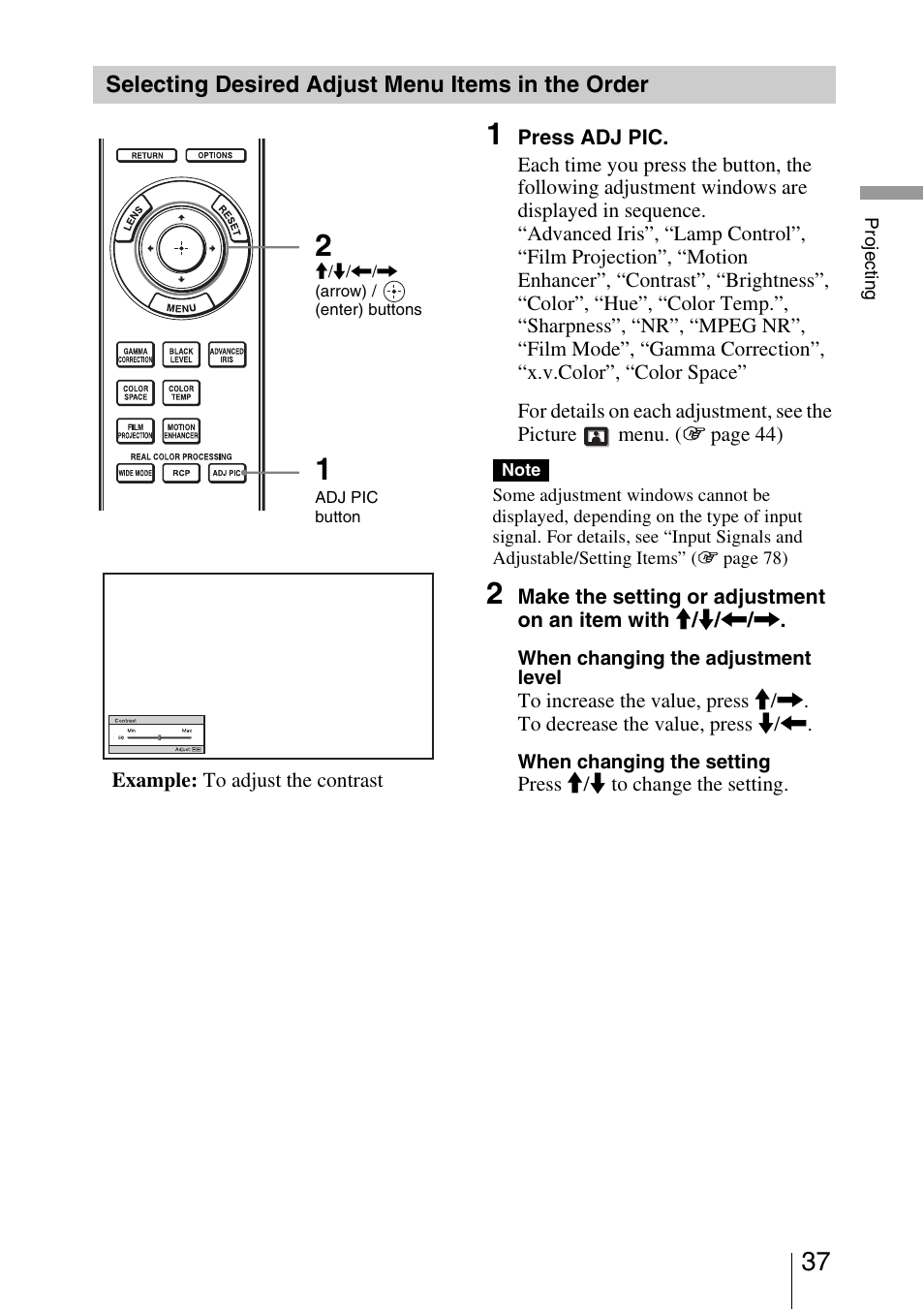 Selecting desired adjust menu items in the order | Sony VPL-VW85 User Manual | Page 37 / 86