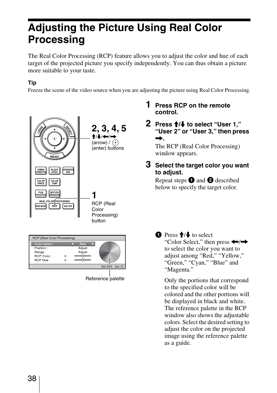 Adjusting the picture using real color processing | Sony VPL-VW85 User Manual | Page 38 / 86